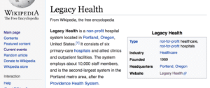 Legacy Health is a good example of an up-to-date and informative Wikipedia article on a health care company. 