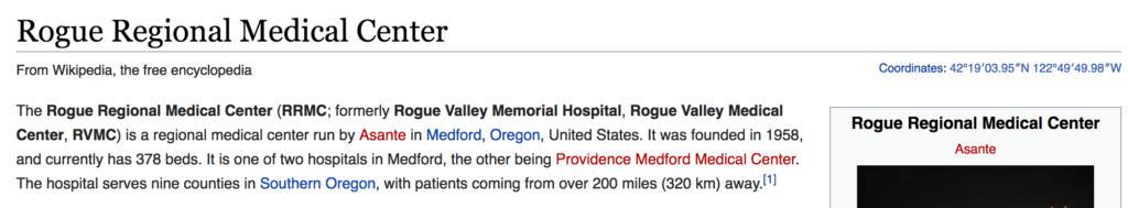 Rogue Regional Medical Center is now Asante, but the Wikipedia entry for the company hasn't been updated to reflect that!