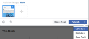 Screen shot showing where on Facebook you can find the place to schedule a post. 