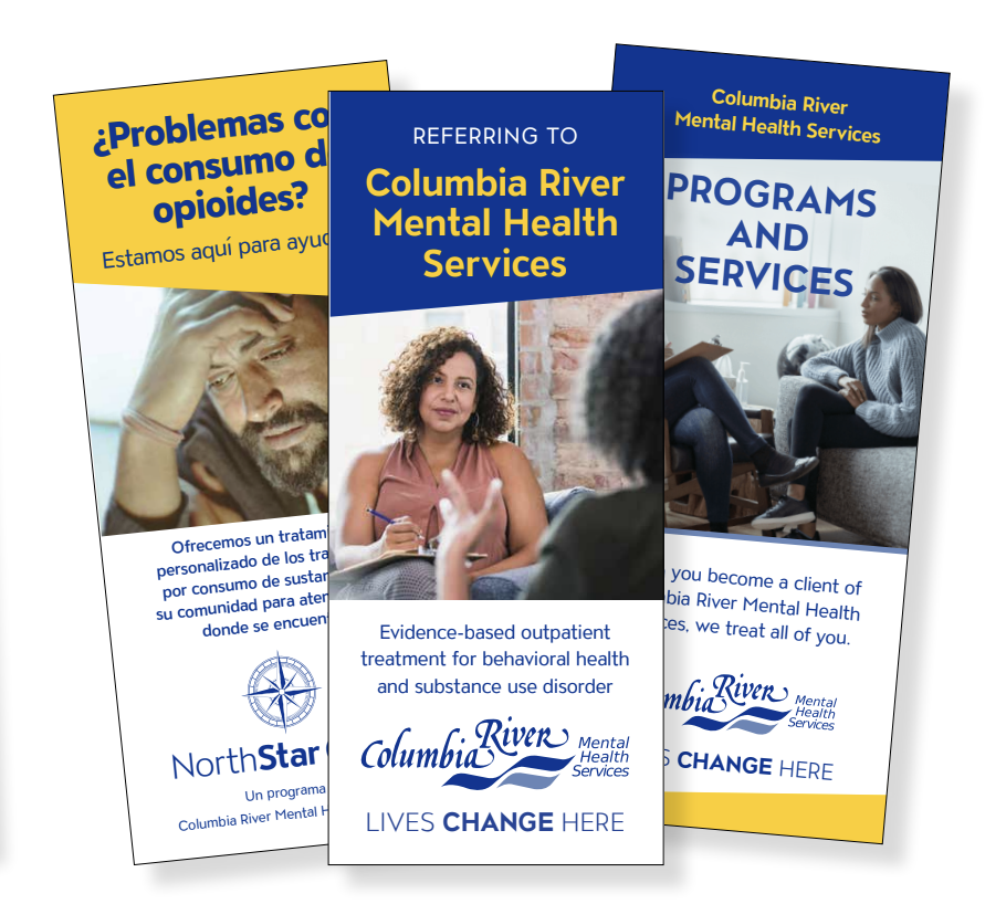 An example of three CRMHS brochures folded, including one in Spanish
